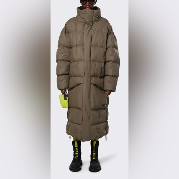 Rains Block Puffer Coat Color Wood Size Large - Picture 1 of 16